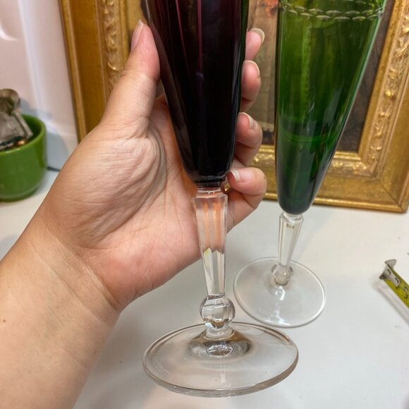 NACHTMANN Purple, GREEN CUT-TO-CLEAR CRYSTAL CHAMPAGNE FLUTES GLASSES Set Of 2 - Picture 3 of 14